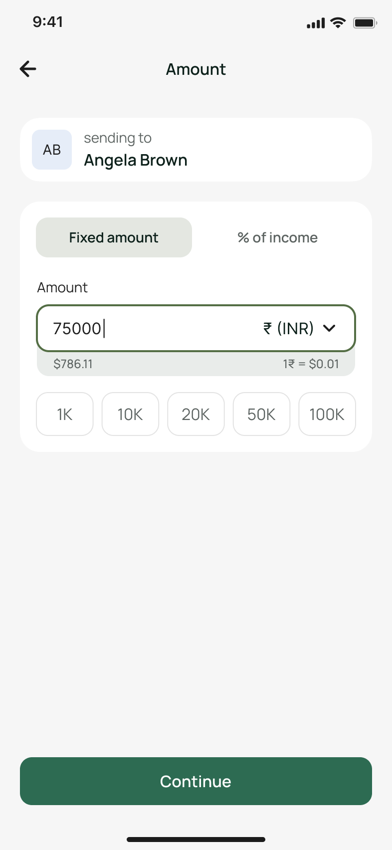 Flarius app amount screen showing AED to INR conversion with quick amount buttons