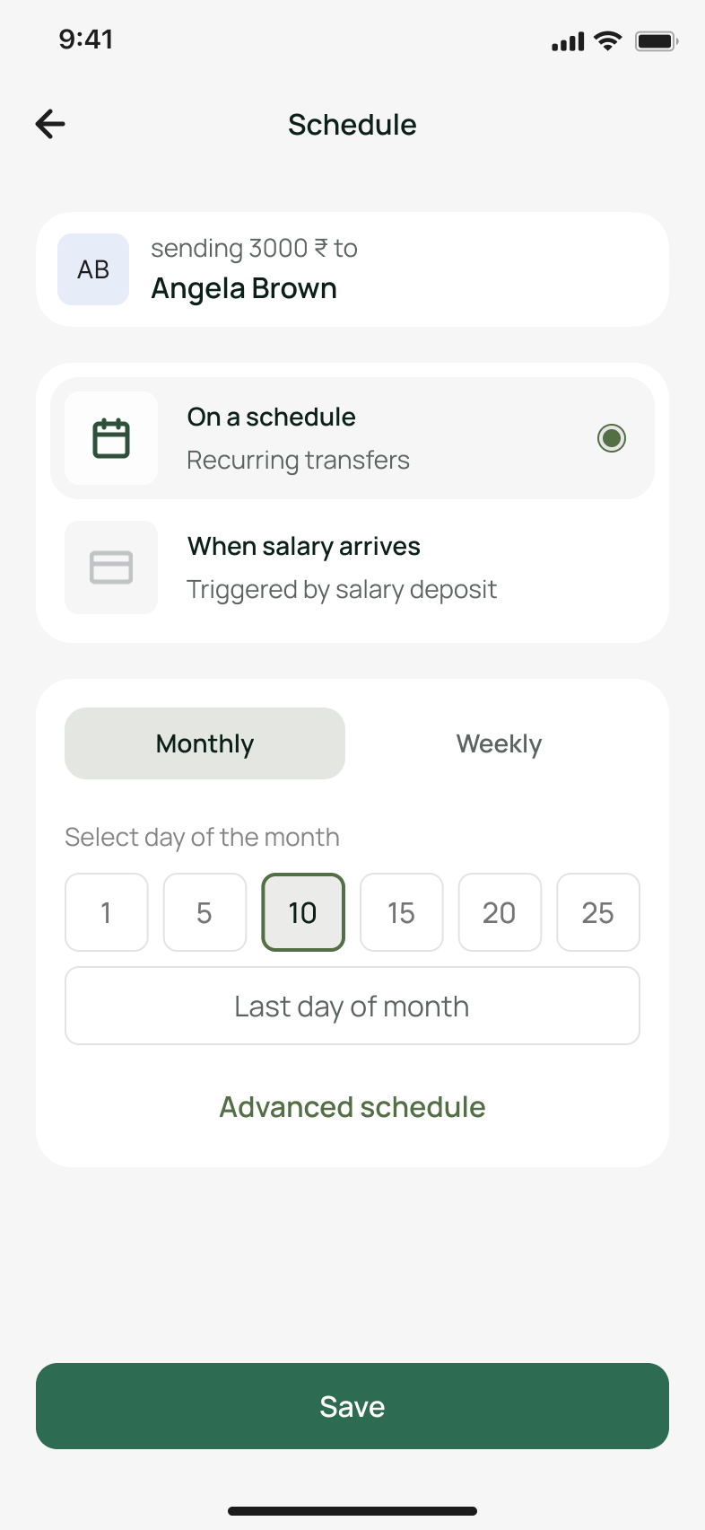 Flarius app schedule screen for recurring transfers with calendar picker