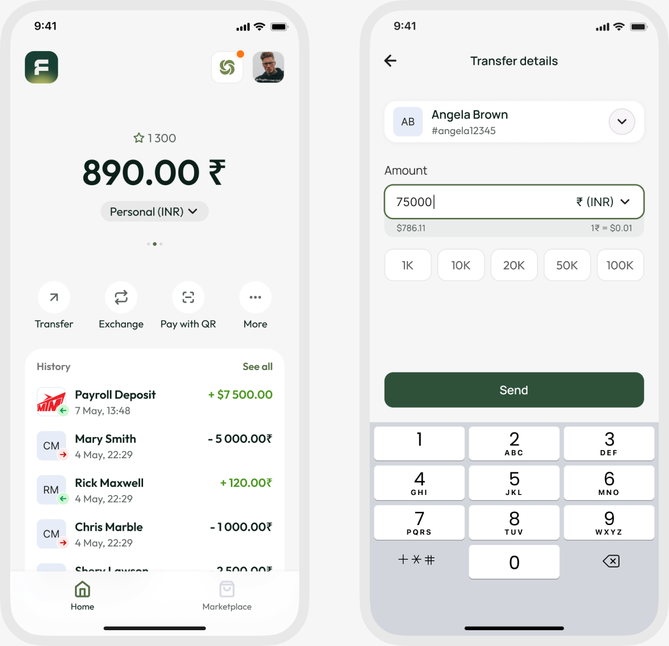 Flarius mobile app showing conversion rate and keypad