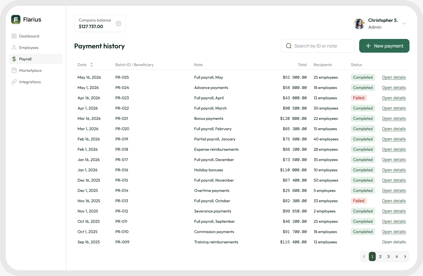 Flarius payroll software table with employee wallets and statuses