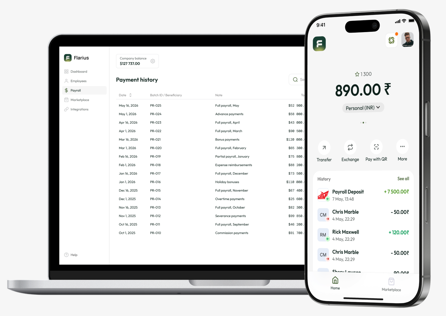 Flarius desktop payroll dashboard and mobile wallet app