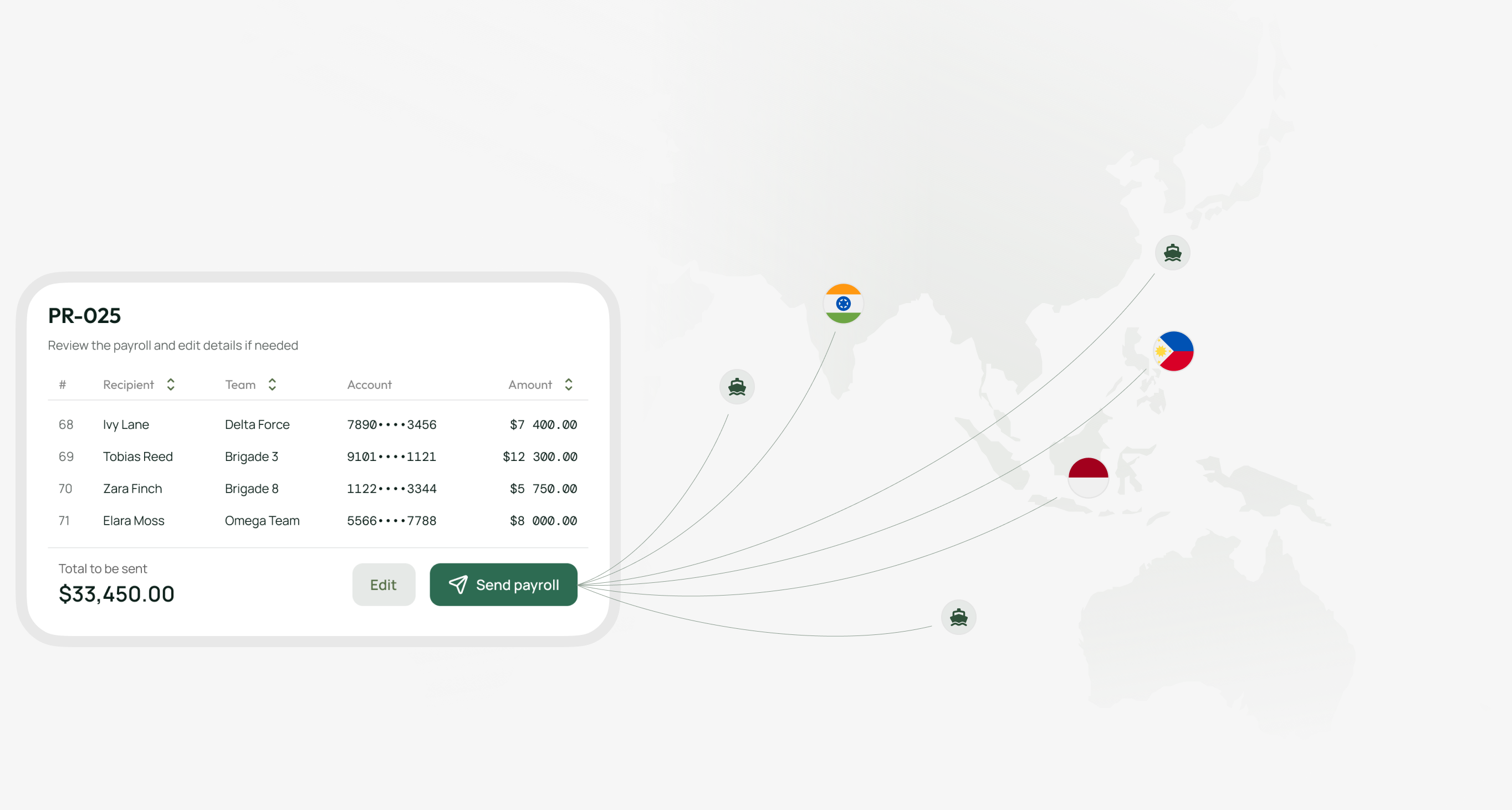 Send flow linked to payout destinations on a world map