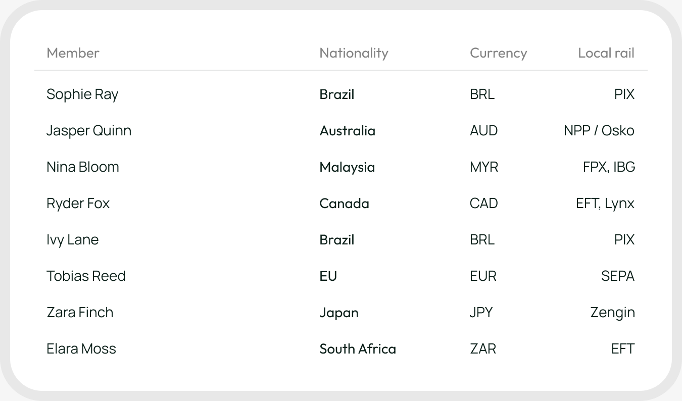 Payroll review table with member, nationality, currency and last reference